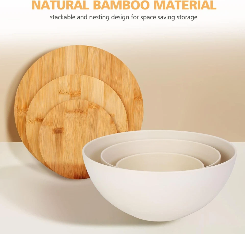 Ensaladera con Tapa, Juego de 3 Cuencos para Servir Fibra de Bambú Natural con Tapas de Madera Foto 3 de 4