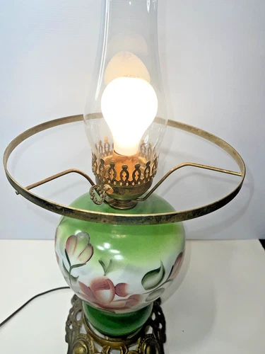 Hurricane Milk Glass Lamp Green/Pink Floral Vintage 1960’s Gone With The Wind23’