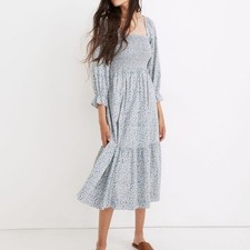 Madewell Lucie Light Blue Floral Smocked Puff Sleeve Midi Dress Sz S