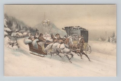 Antique New Year Postcard Horse Sleigh Carriage Winter Scene Art de Vienne