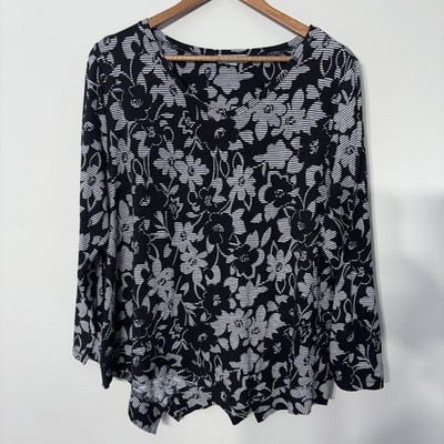 Habitat Top Womens XL Black White Floral Stripe Lagenlook Asymmetrical V-Neck