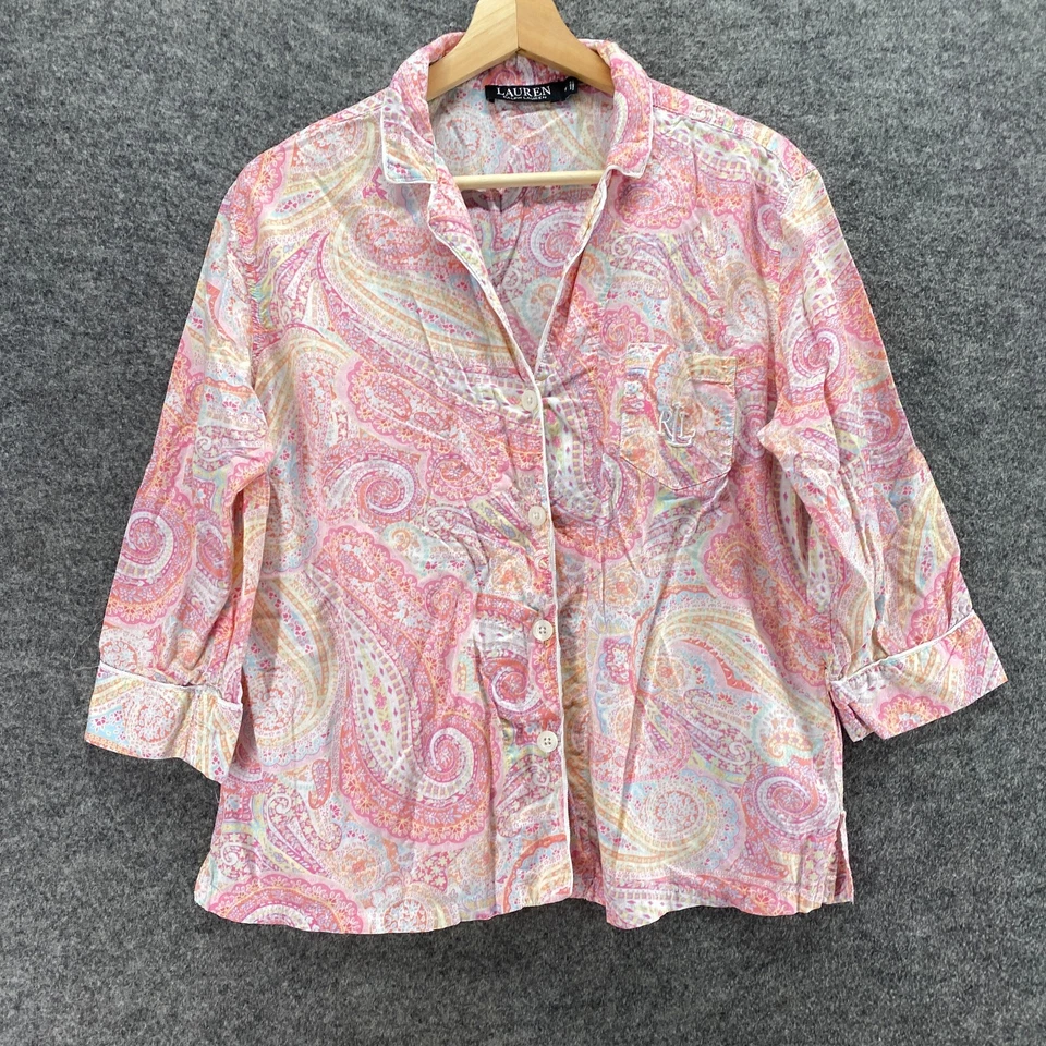 Camisa de dormir Ralph Lauren para mujer M mediana rosa cachemira con botones manga 3/4 algodón Foto 4 de 4