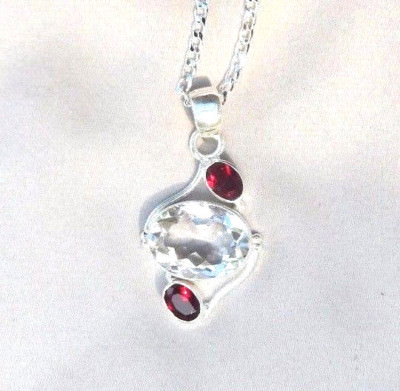 White Topaz & Garnet 925 Pendant 1 1/2''  925 Necklace 20''L Jewelry Women
