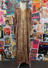 Vtg 70s Red Gold Paisley Print Pointed Hood Kaftan Hostess Maxi Dress M/L Boho