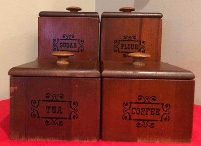 Set Of 4 Vintage Wooden Kitchen Canisters Flour Sugar Tea Coffee