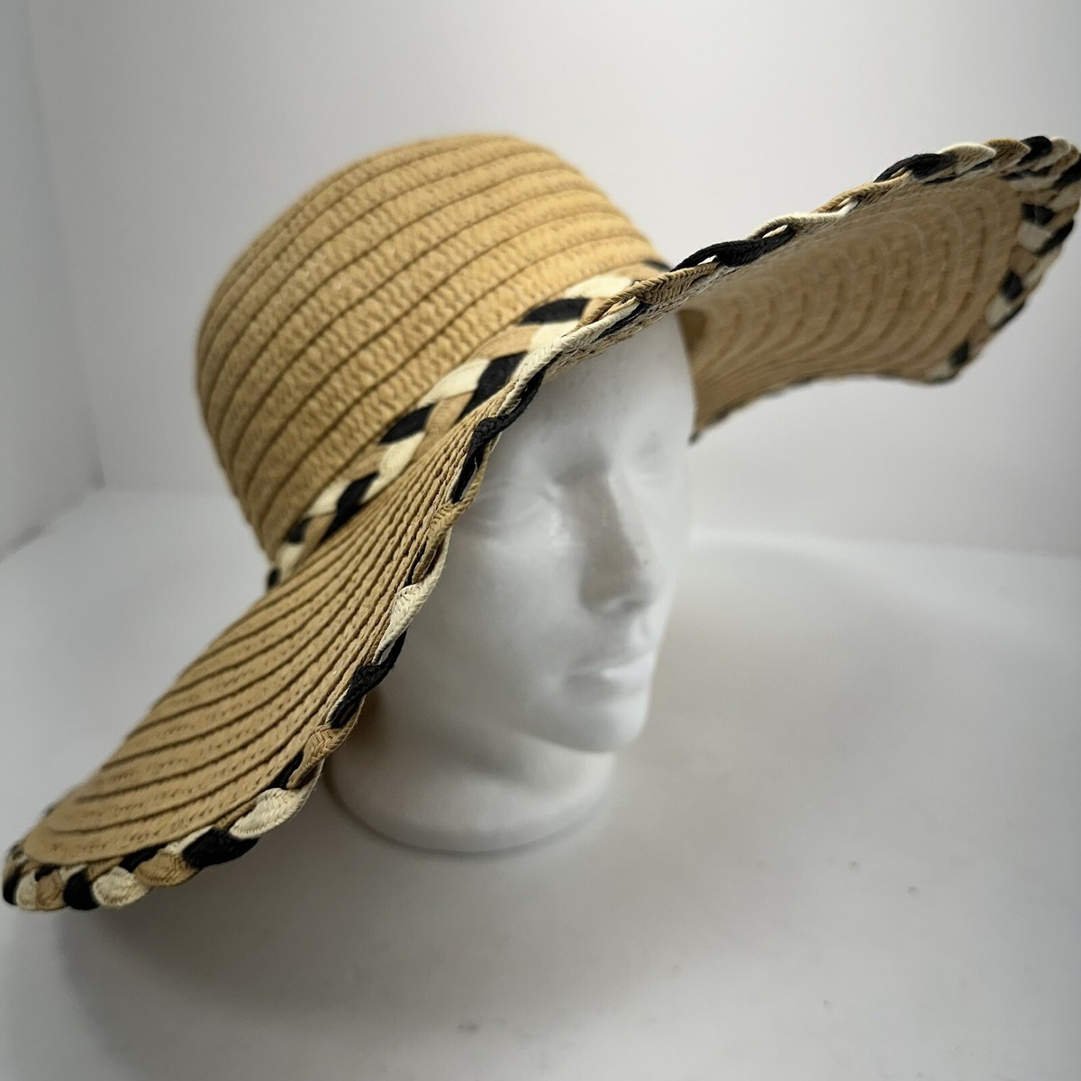 TAHARI Wide Brim Roll Up Sun Hat Packable Paper Blend OS Multi White Trim, EUC Tahari Two Tone Tan Braided Trim Paper Floppy Wide Brim  main image 2