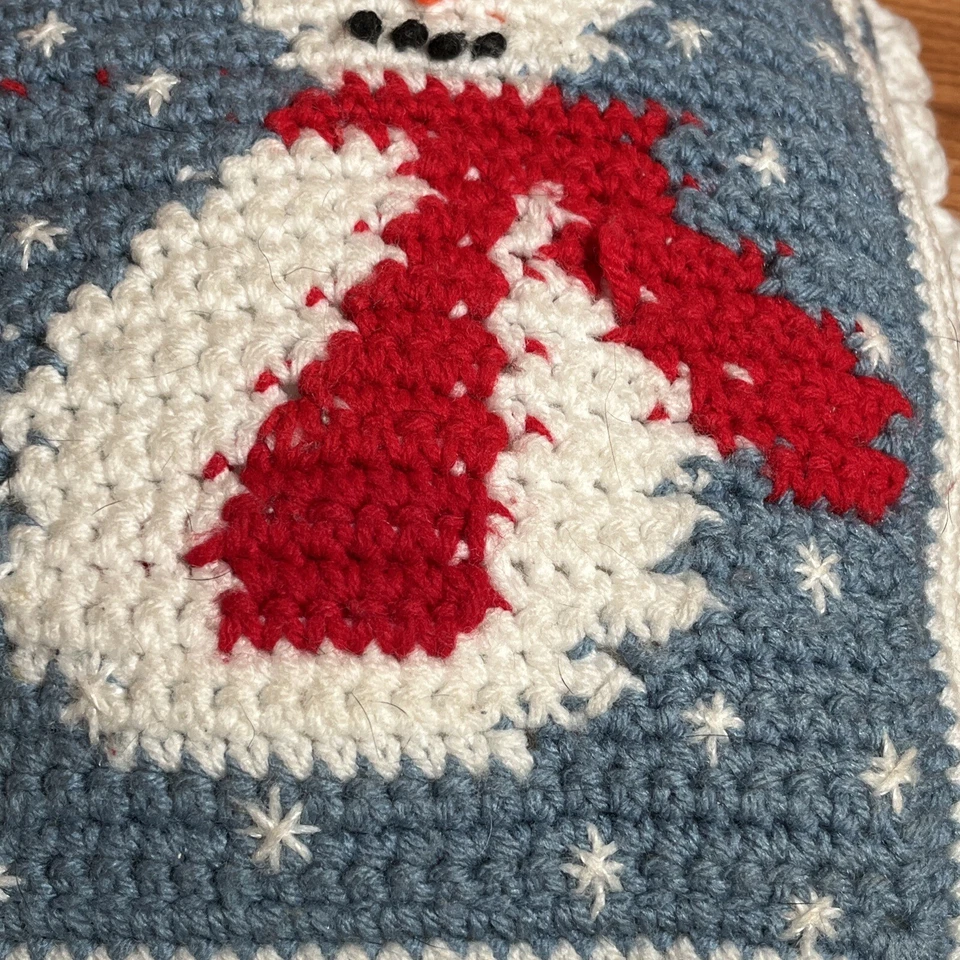 Handmade Crocheted Christmas Throw Pillow Snowman Blue 10" x 12" - Image 4 of 4
