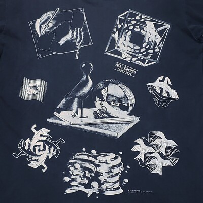 Vtg 90s MC ESCHER TShirt All Over Print Black Tee Sz L Made in USA  