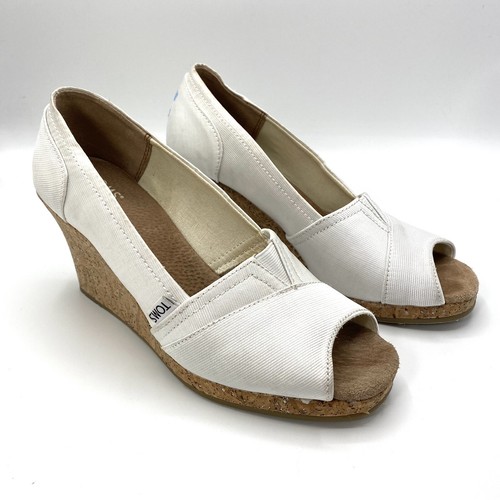 Toms White Grosgrain Cork Wedge Heels 
