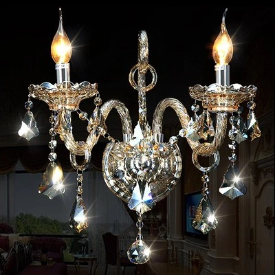 Lumière Murale Lustre K9 Crystal 2 Bras En Verre Transparent Doré Champagne E14 - Photo 1/4