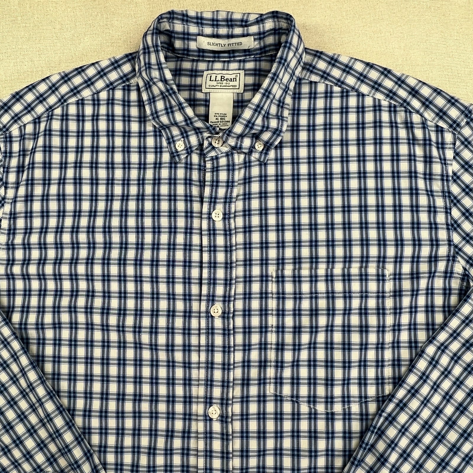 LL Bean Mens XL Blue Checked Button Down Shirt Slightly Fitted Stretch Hike