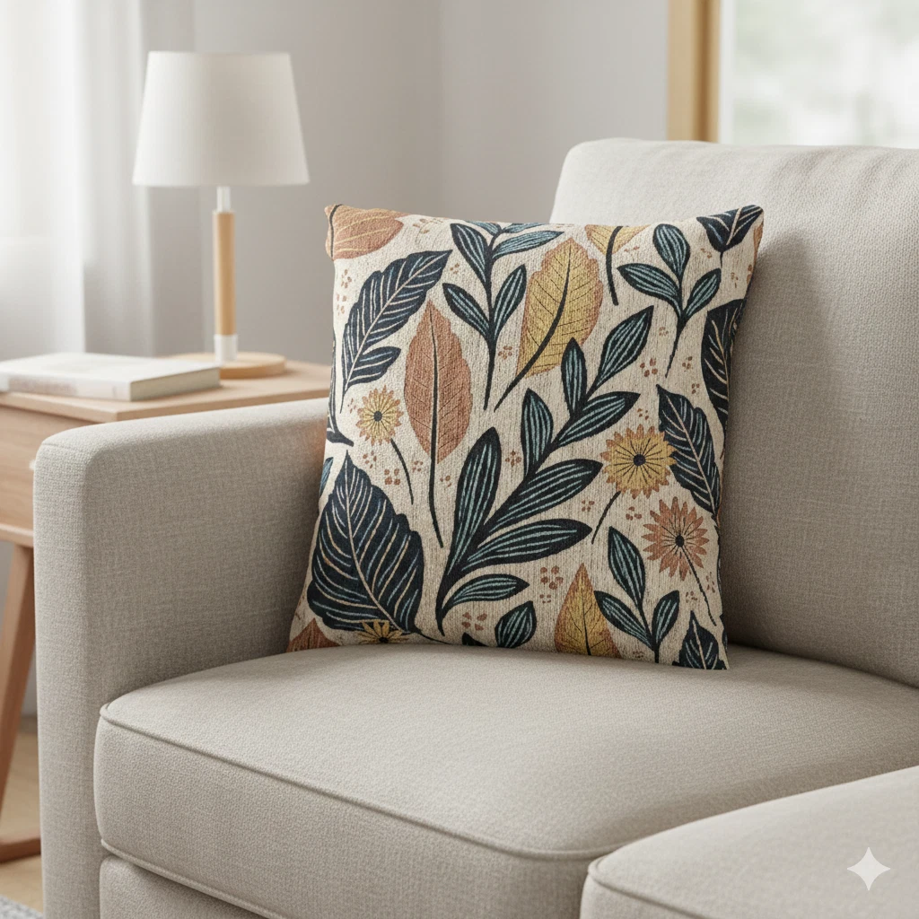 Botanical Leaf Pattern Pillow | Woven Floral Foliage Throw Cushion