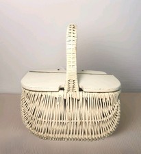 VTG 1950s White Coated Wicker Flip Top Mirror Woven Basket Purse Handle Retro