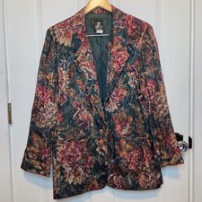 Vtg 80s 90s Blazer Dark Floral Print Satin Tapestry Artsy Retro Colorful 12