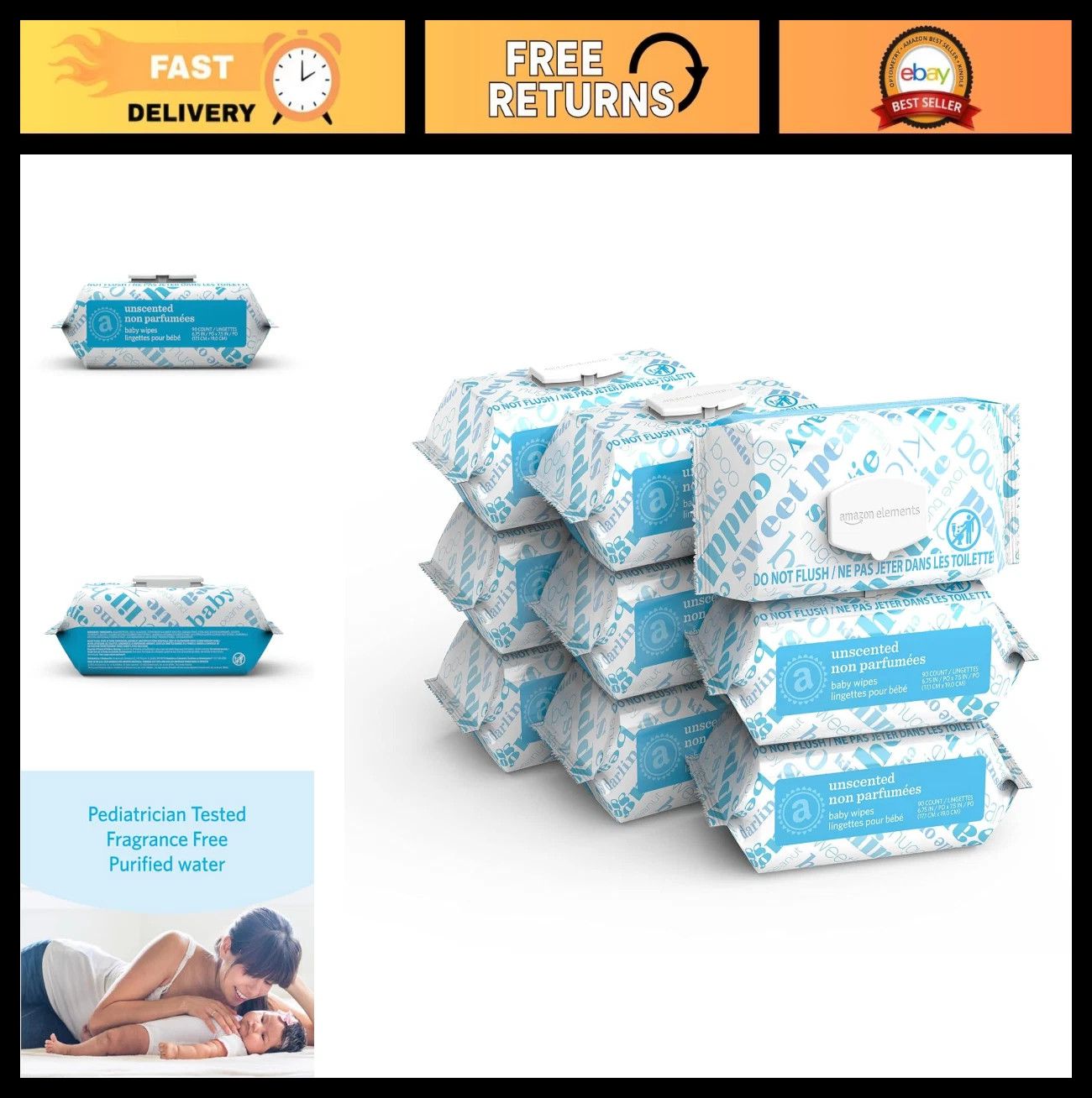 Unscented Baby Wipes, 810 Count, Flip-Top Packs, Gentle & Hypoallergenic