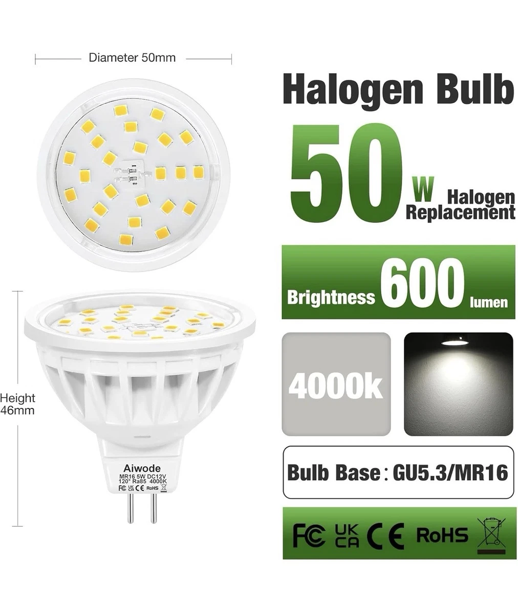 10x Bombillas LED MR16 GU5.3 12V 5W 2700K 600LM 50W Foco Halógeno Equivalente