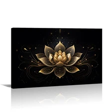 Zen Wall Art,Black and Gold Lotus Painting Canvas Print Meditation Poster Flo...