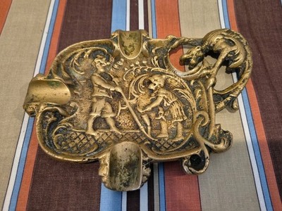 1940s Ashtray Brass Dragon Boy Girl Story 7'' x 5'' 3D Intricate Beautiful Petina