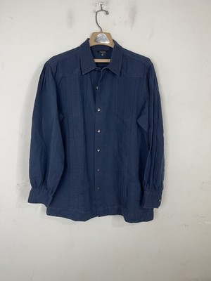 J Peterman Mens Shirt Large Pleated Front Button Up Blue Linen Cotton Pin Tuck