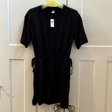 OLD NAVY Womens S-Petite Waist-Defined Short-Sleeve Linen-Blend Mini Dress-Black