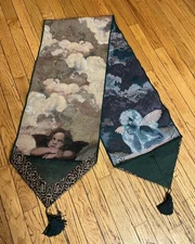 Vintage 90s Celestial Angel Cherub Table Runner Whimsigoth Tassels