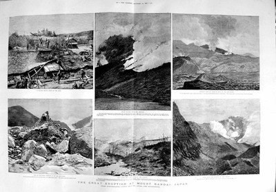 Original alter antiker Druck 1888 Eruption Mount Bandai Japan Bergvulkan