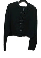 Rue 21 Cropped Sweatshirt Size Medium Laced Up Front Hooded Long Sleeve Black M