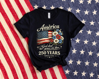 America 250th Celebration Shirt Patriotic Flag Floral Graphic Tee