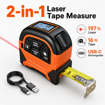 2-in-1 Laser Tape Measure Laser 197Ft/60M Area, Volume, Digital Tape Measure