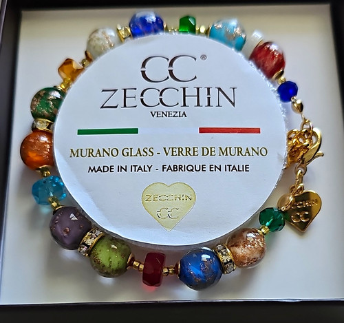 Zecchin Venezia Murano Glass Multicolor Beaded Dangle Charm Bracelet Italy