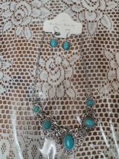 New Turquoise Silver Tone Chunky Necklace Pierced Earring Set 3pc
