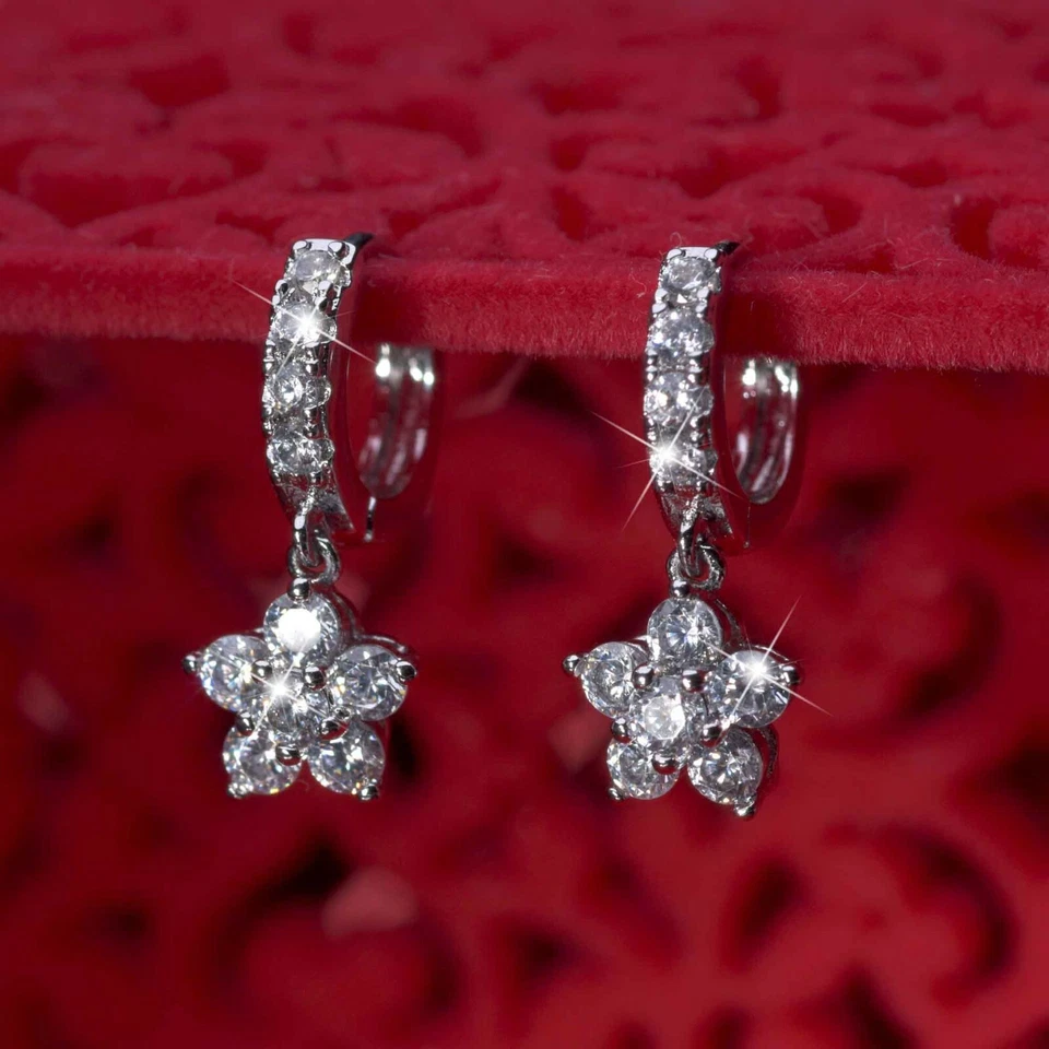 SMALL 18k white gold made with Swarovski crystal flower huggies dangle earrings - Image 2 of 4