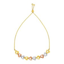 Adjustable Bracelet with Shiny Open Hearts in 14k Tri Color Gold