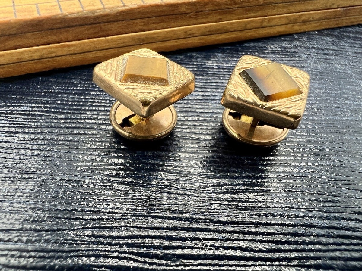Vintage Very Old Antique Gold Tone Tigers Eye Cufflinks Patented