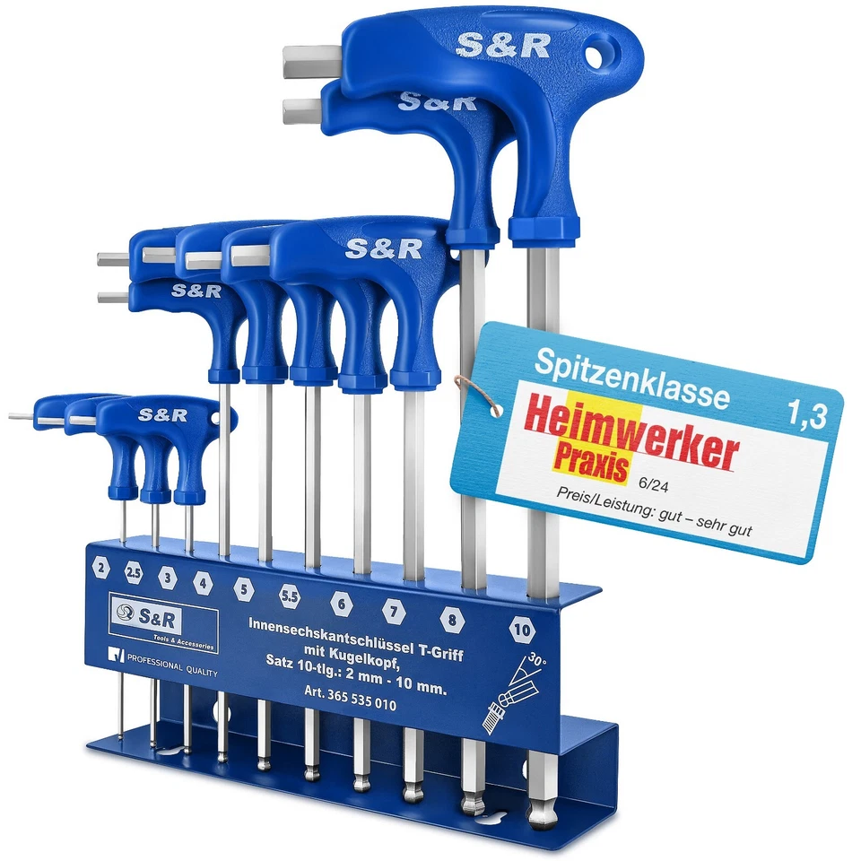S&R Innensechskantschlüssel Inbusschlüssel Set 10 tlg T Griff Kugelkopf 2-10 mm