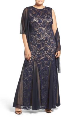 ALEX EVENINGS Navy Blue Nude Sequin Lace Godet Inset Gown + Chiffon Shawl  14 💙