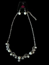 Silver Rhinestone and Pearl Necklace and Dangle Earrings Set Adjustable to 20"