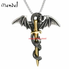 MENDEL Gothic Mens Dragon Skull Cross Pendant Necklace Stainless Steel Jewelry