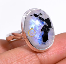Natural Black Tourmaline Moonstone Ring 925 Sterling Silver Statement Boho Rings