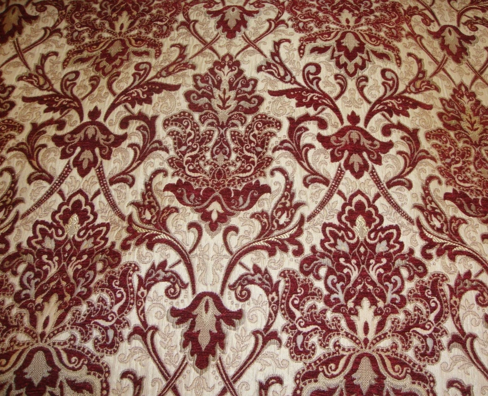 Chenille Damask 57" Wide Crimson Upholstery Drapery fabric sold BTY