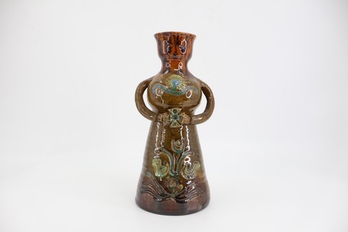 Signed 1971 Folk Art Figural Pottery Vase Anthropomorphic Brown Teal Cross Face