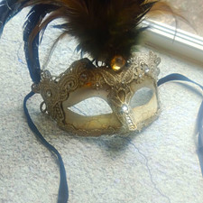 Venetian Gold Lace Masquerade Eye Mask w/ Black Feathers, Ribbon Tie