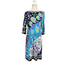Dressbarn Shift Dress Womens 10 Boat Neck 3/4 Sleeve Floral Paisley Retro Blue
