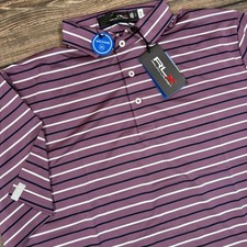 RLX Ralph Lauren Mens Golf Polo Size Large Purple Striped Wicking Stretch NEW
