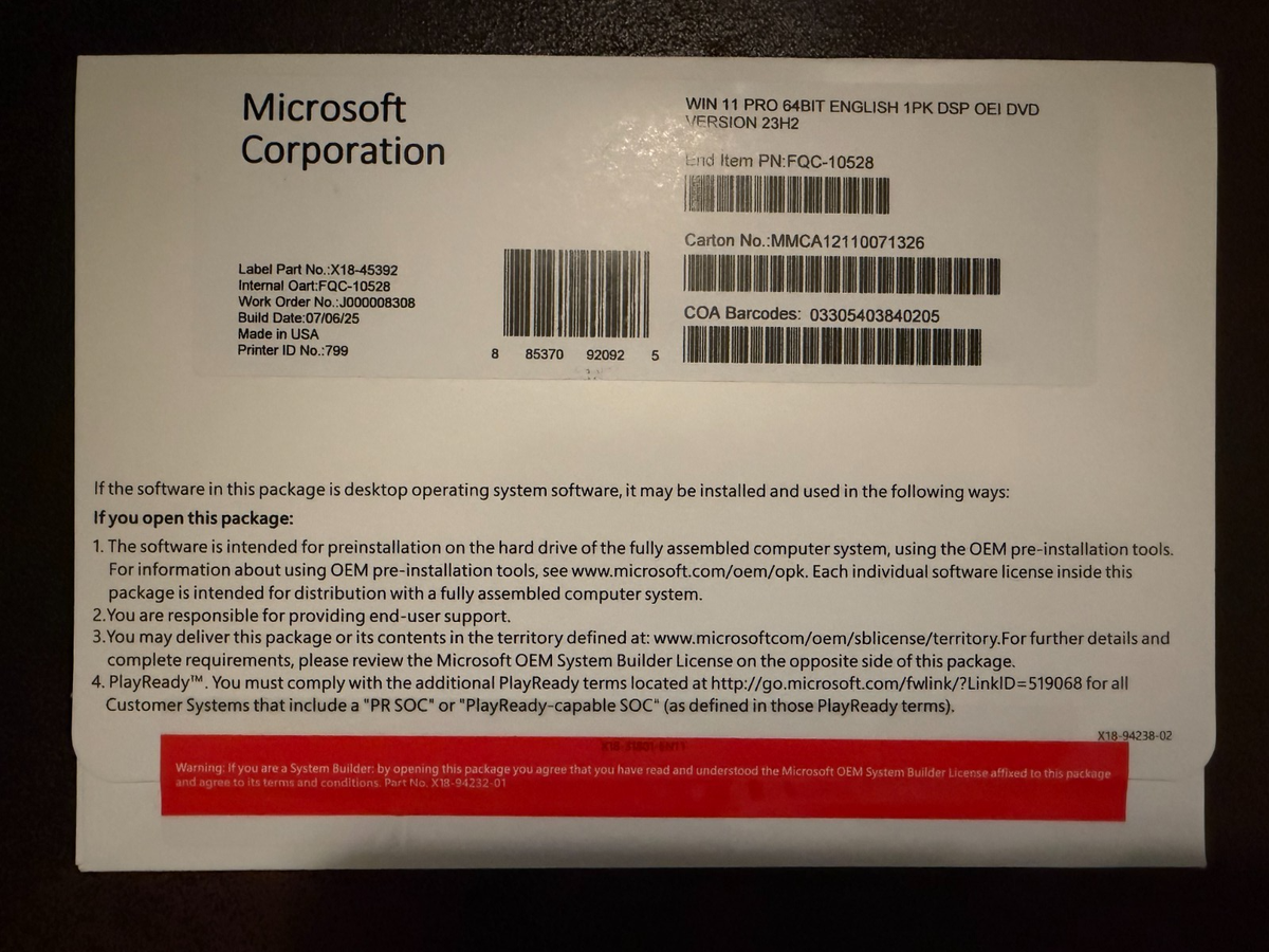 Win 11 Pro 64-Bit English 1PK DSP OEI DVD Version 23H2 - BRAND NEW