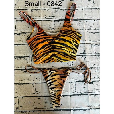 Tiger Print Bikini Set Orange Yellow Animal Stripe Two Piece Swimsuit Small