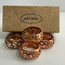 Vtg Lois Hill Polished Brass Copper Napkin Rings Boxed Set Filigree Cut Out Read