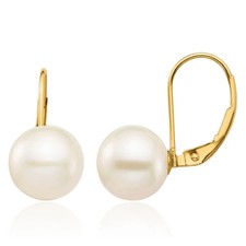 14K Solid Yellow Gold 9mm White Round Freshwater Cultured Pearl Dangle Earrings
