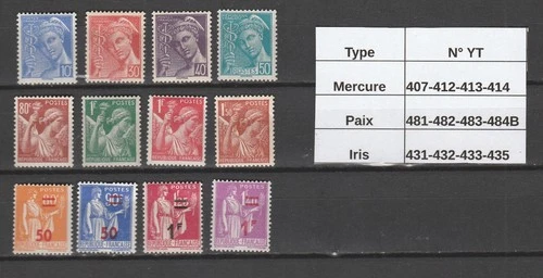 France lot of 12 stamps type Mercury - Peace - Iris new MH