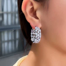 Dazzling Silver Plated Cubic Zirconia Wide Hoop Earrings for Women Wedding Party